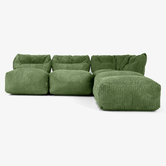 3-delige Modulaire Bank met Chaise Longue, zonder Armleuningen - Corduroy Bosgroen 01