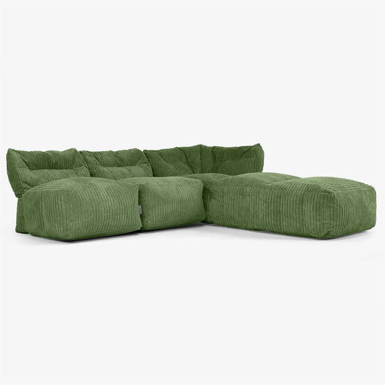 3-delige Modulaire Bank met Chaise Longue, zonder Armleuningen - Corduroy Bosgroen 02