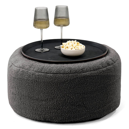 Ottoman Poef met Dienblad - Boucle Graphite Grijs 01