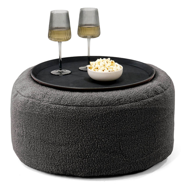 Ottoman Poef met Dienblad - Boucle Graphite Grijs 01