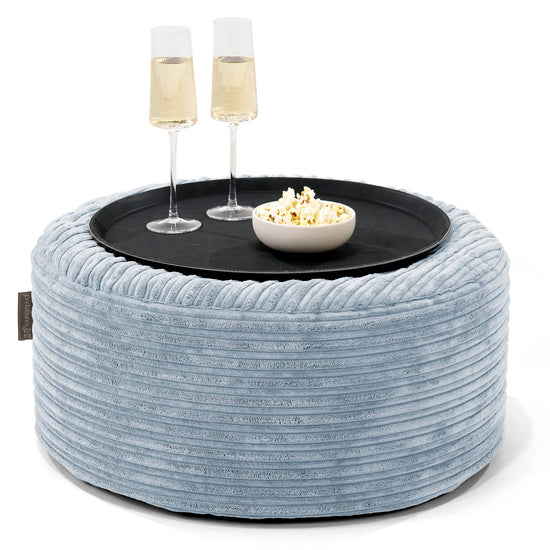 Ottoman Poef met Dienblad - Corduroy Baby Blauw 01