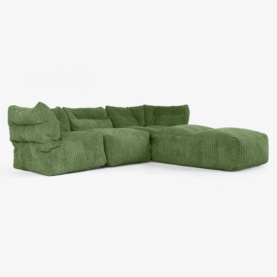 3-delige Modulaire Bank met Chaise Longue en Armleuningen - Corduroy Bosgroen 02
