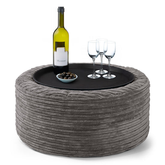 Ottoman Poef met Dienblad - Corduroy Graphite Grijs 01
