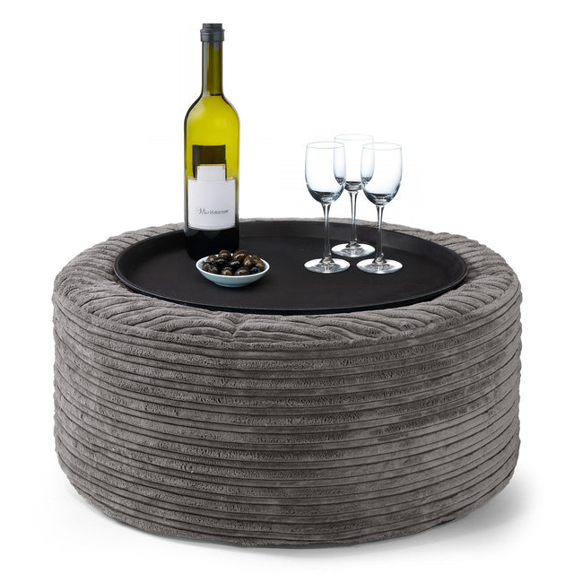 Ottoman Poef met Dienblad - Corduroy Graphite Grijs 01