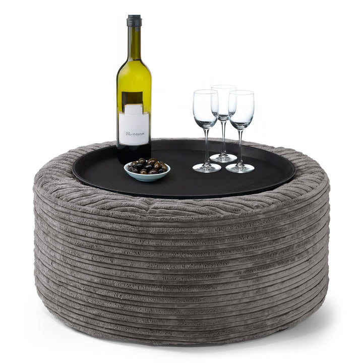 Ottoman Poef met Dienblad - Corduroy Graphite Grijs 01