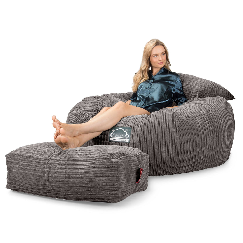 LOUNGE PUG, CloudSac 1010 XXL, Gigantische XXL Zitzakbank met Vezel-latex Vlokvulling, Corduroy Graphite Grijs