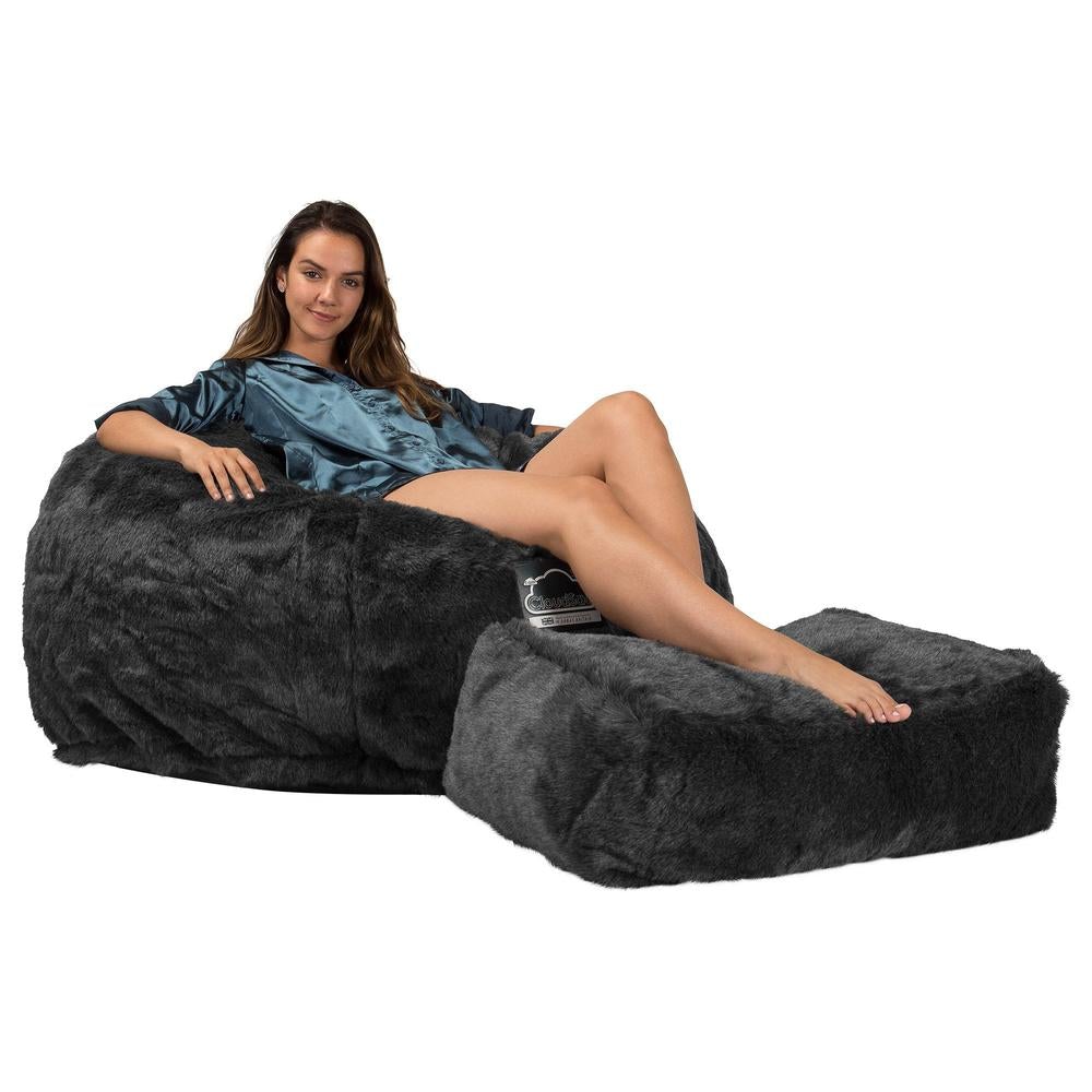 LOUNGE PUG, CloudSac 510 XL, X Large Zitzak met Vezel-latex Vlokvulling, Namaakbont Zwart