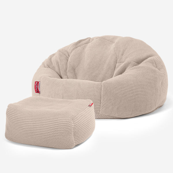 LOUNGE PUG, Klassieke Zitzak Stoel, Poef, Ellos Gebreide Crème