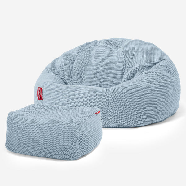 LOUNGE PUG, Klassieke Zitzak Stoel, Poef, Ellos Gebreide Mistig Blauw