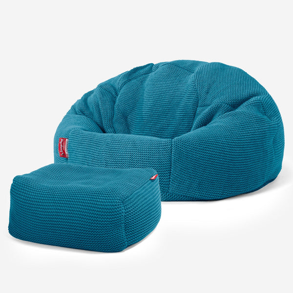 LOUNGE PUG, Klassieke Zitzak Stoel, Poef, Ellos Gebreide Petrol