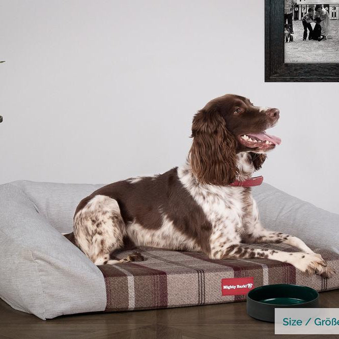 "De Slaapbank Van Mighty-Bark", Orthopedisch Hondenbank, Hondenbed, Hondenmand, Klein, Groot, XXL, Schotse ruit Mulberry