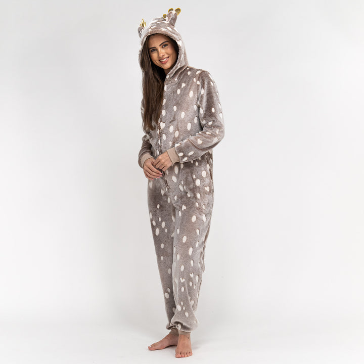 Animal Fleece-onesie voor Dames - Rendierprint 01