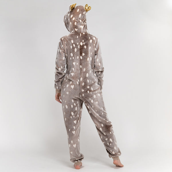Animal Fleece-onesie voor Dames - Rendierprint Fabric Close-up Image