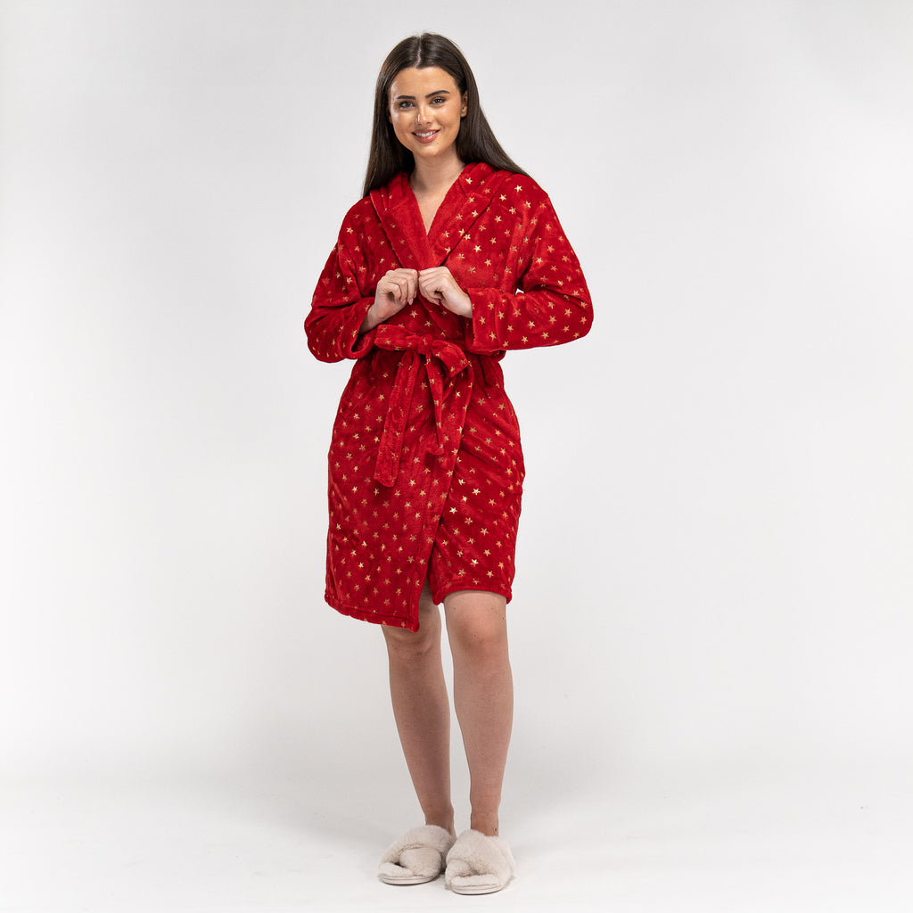 Fleece Badjas Dames - Ster Rood 01