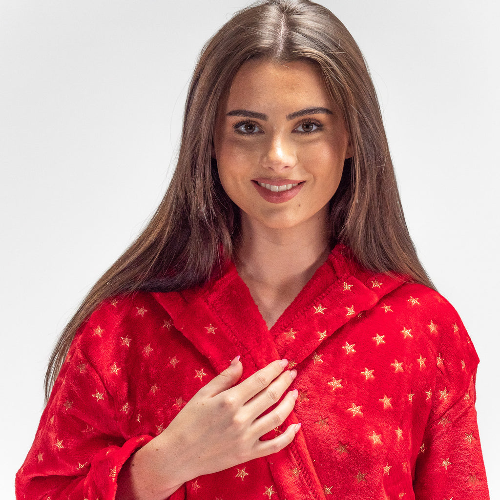 Fleece Badjas Dames - Ster Rood 02