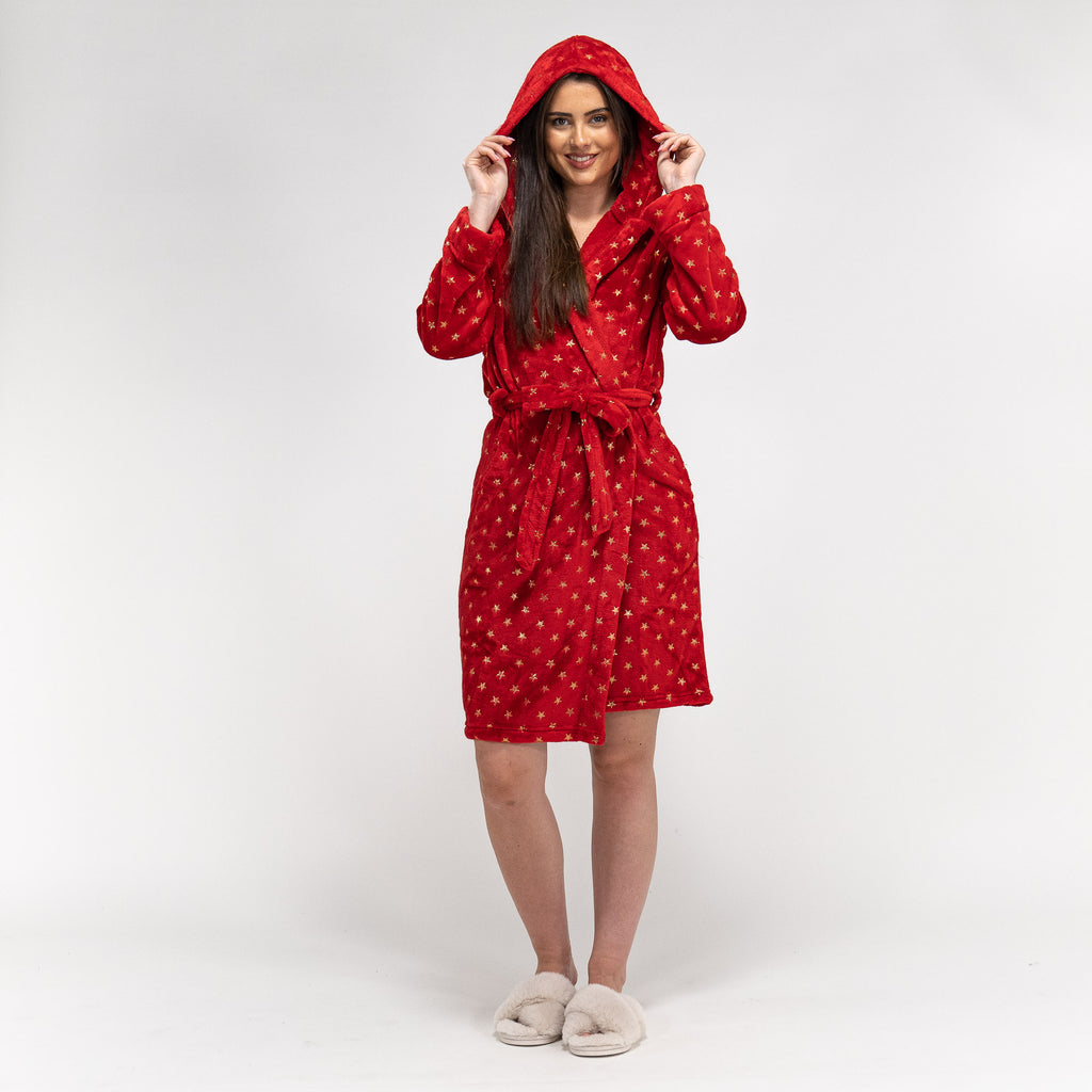 Fleece Badjas Dames - Ster Rood 05