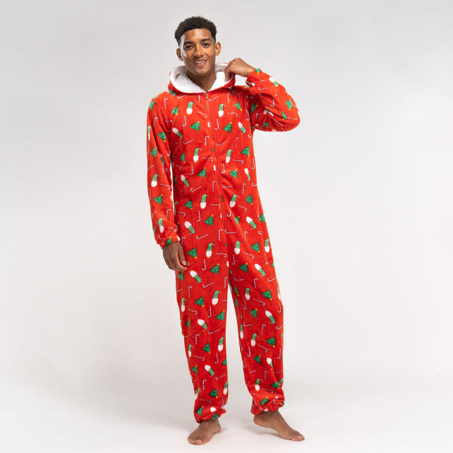 Fleece-onesie voor Heren - Rode Kerstprint 01