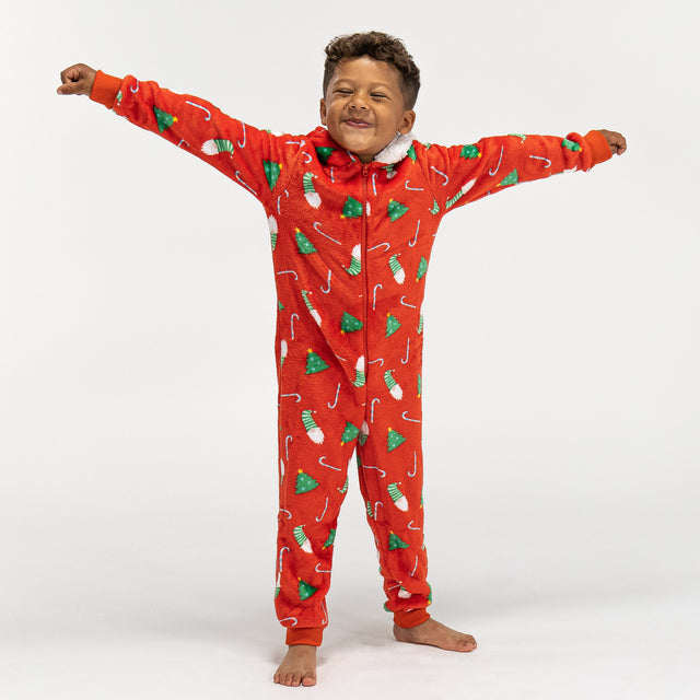 Fleece-onesie voor Kinderen - Rode Kerstprint 01