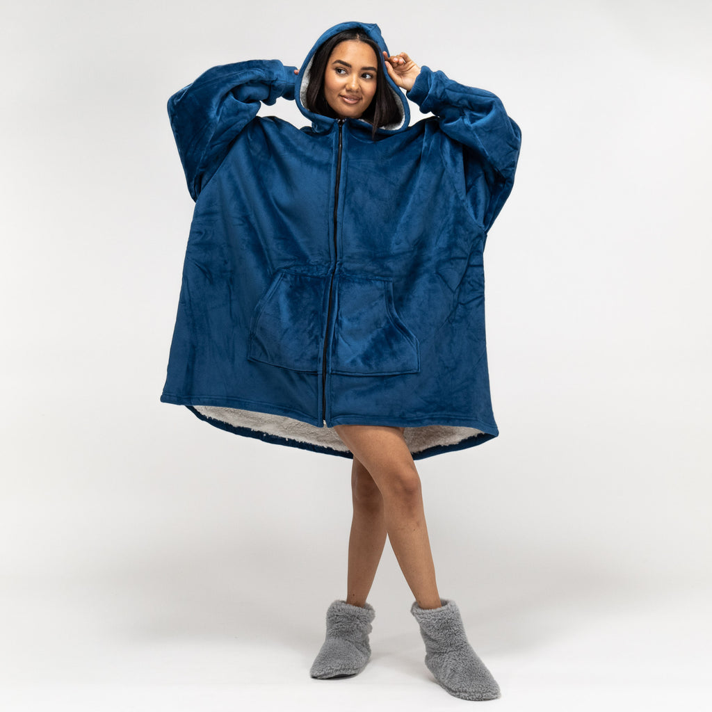 Oversized Hoodie-deken Sweatshirt met Rits voor Volwassenen - Minky Donker blauw 01
