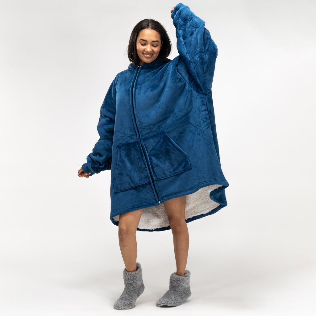 Oversized Hoodie-deken Sweatshirt met Rits voor Volwassenen - Minky Donker blauw 02