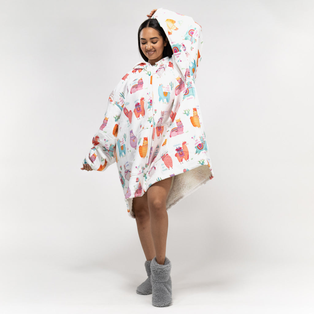 Oversized Hoodie-deken Sweatshirt met Rits voor Volwassenen - Minky Lama 01