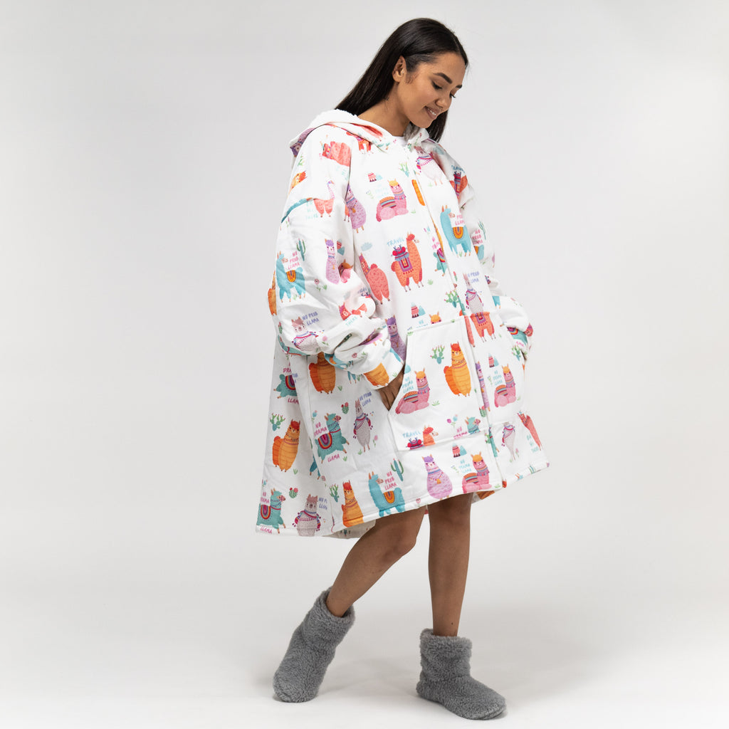 Oversized Hoodie-deken Sweatshirt met Rits voor Volwassenen - Minky Lama 02