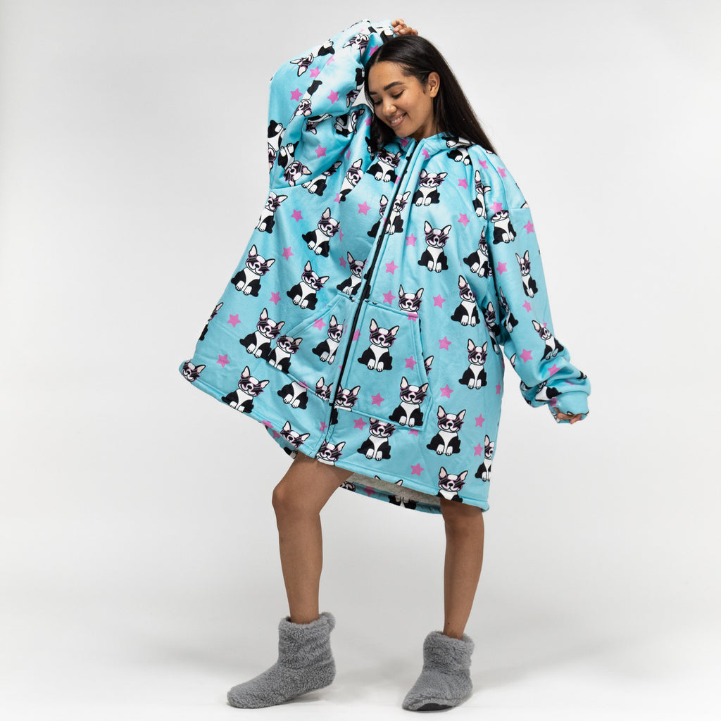 Oversized Hoodie-deken Sweatshirt met Rits voor Volwassenen - Minky Mopshond 01