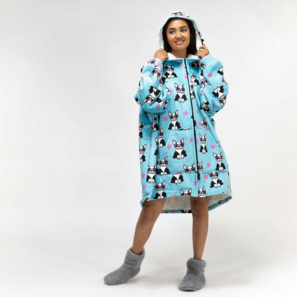Oversized Hoodie-deken Sweatshirt met Rits voor Volwassenen - Minky Mopshond 02