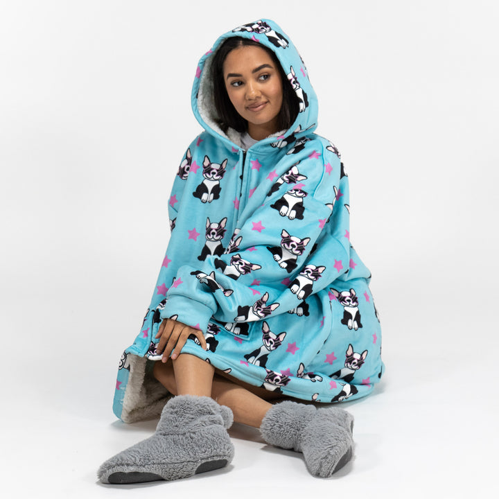 Oversized Hoodie-deken Sweatshirt met Rits voor Volwassenen - Minky Mopshond 04