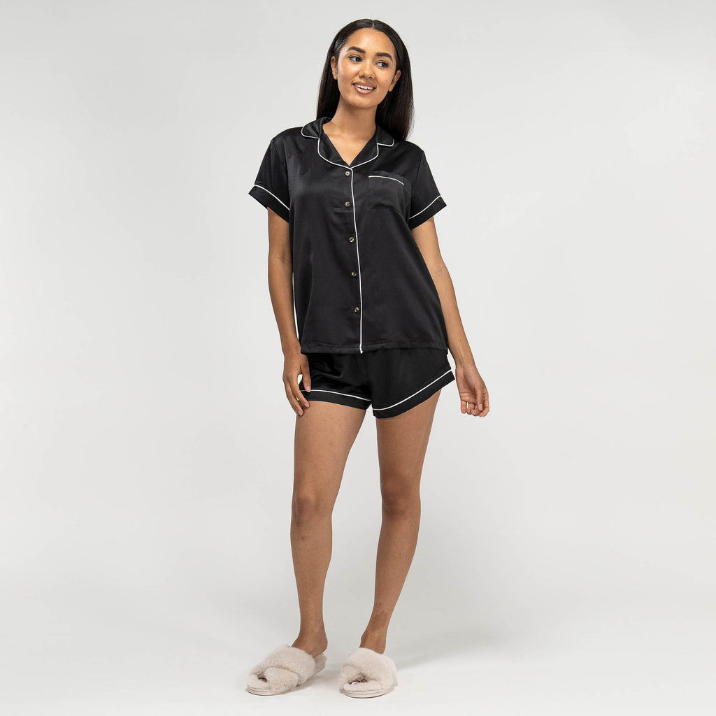 Satijnen Dames Pyjama Korte - Zwart 01